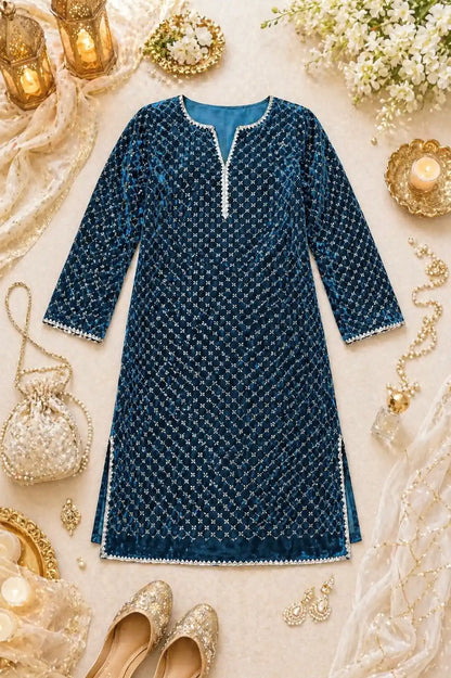 Gold Turquiose Embroidered Gulnaz Kurta
