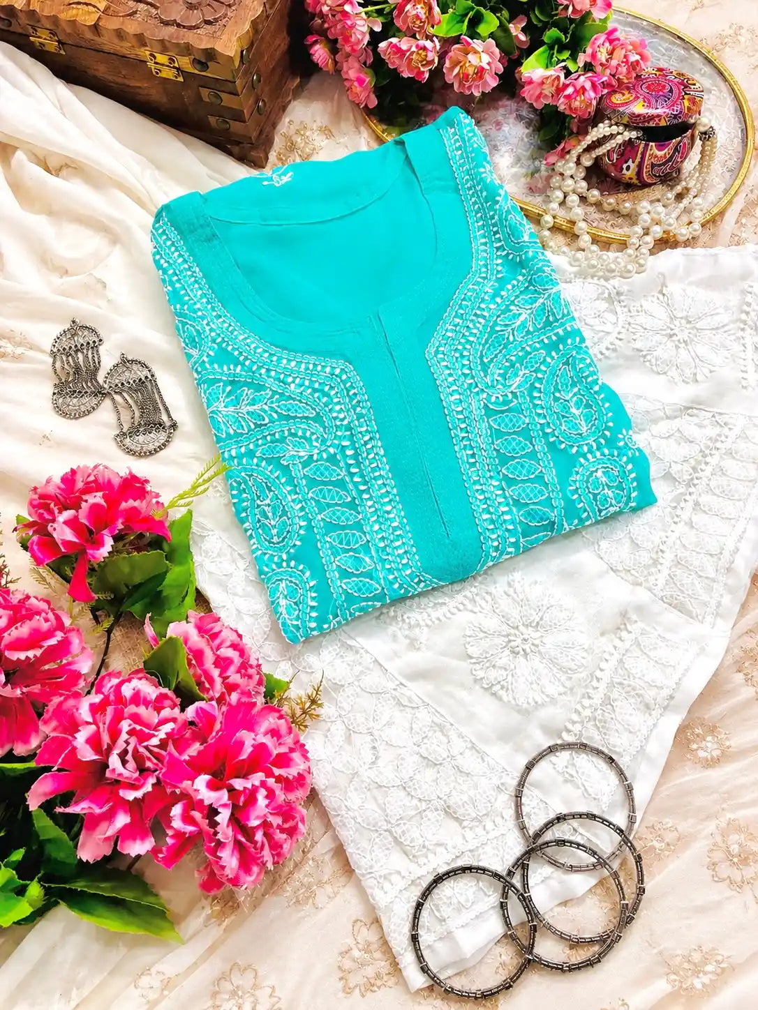 Blush Turquoise Noor Chikan Kurta