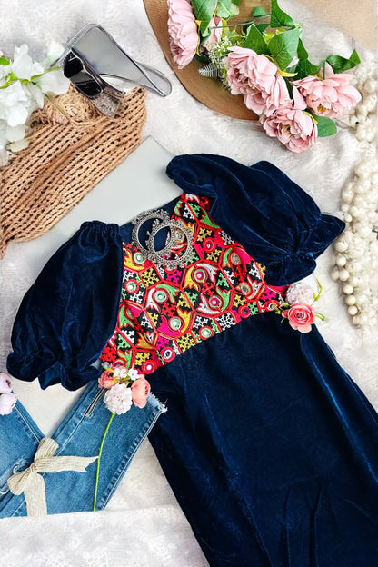 Azure Blue Gamti Velvet Gulnaz Kurta