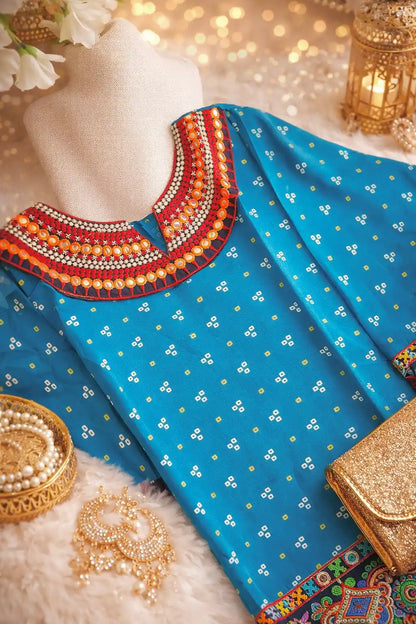 Gold Blue Bandhej Short Kurta