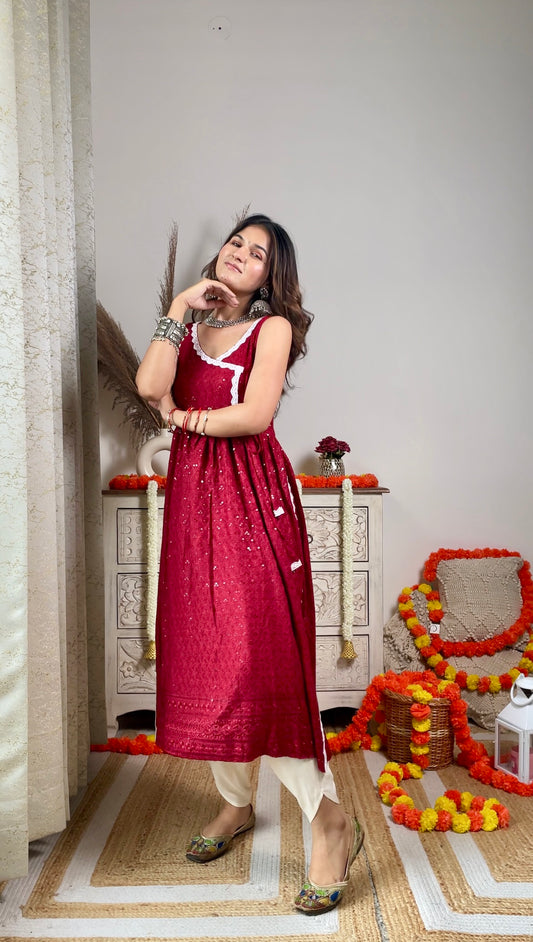 Swati's Rose Maroon Angrakha Gulnaz Kurta