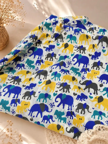 Cheerful Elephant Printed Cotton Fabric Cut