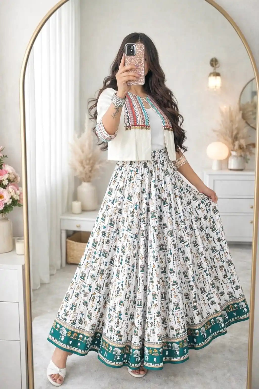 Jaipuri White Worli Twirl Skirt