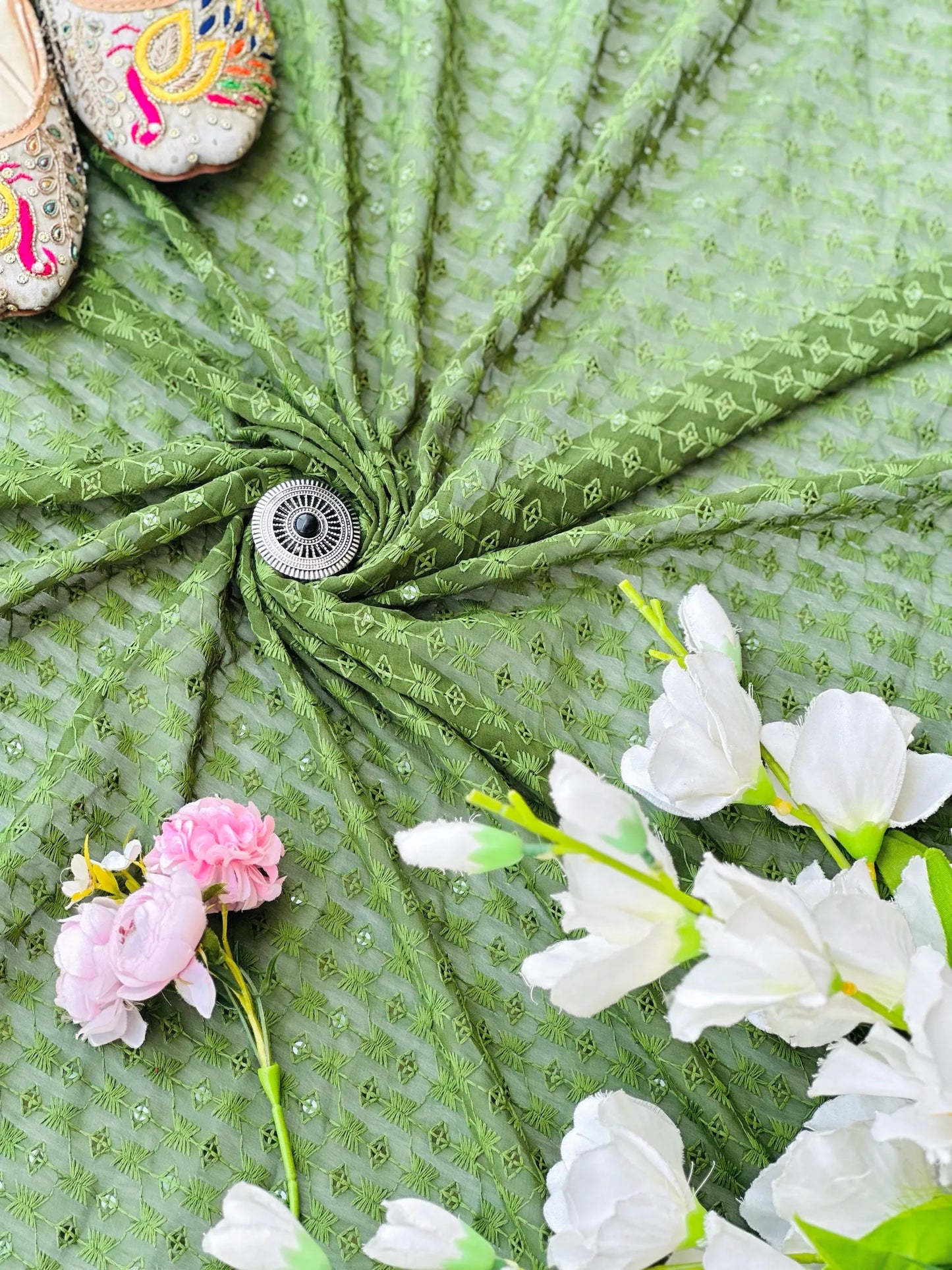 Verdant Green Gulnaz Embroidered Fabric Cut
