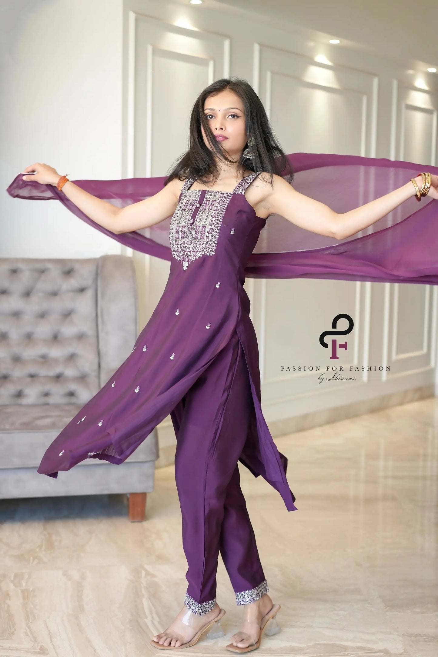 Damson Purple Muslin Meher Embroidery Suit Set