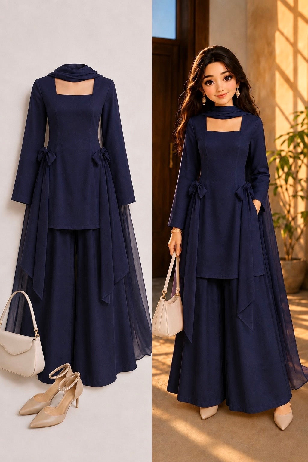Midnight Blue Bow Styled Kurta Set