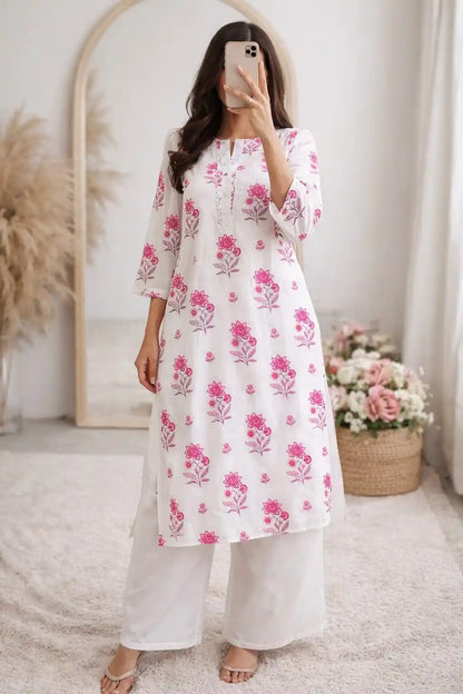 White Block Mulmul Jaipuri Kurta