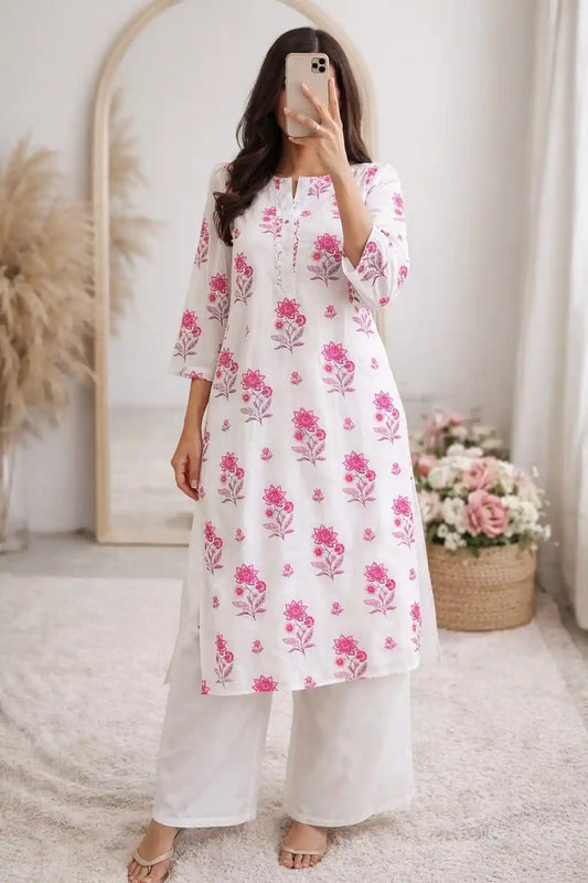 White Block Mulmul Jaipuri Kurta