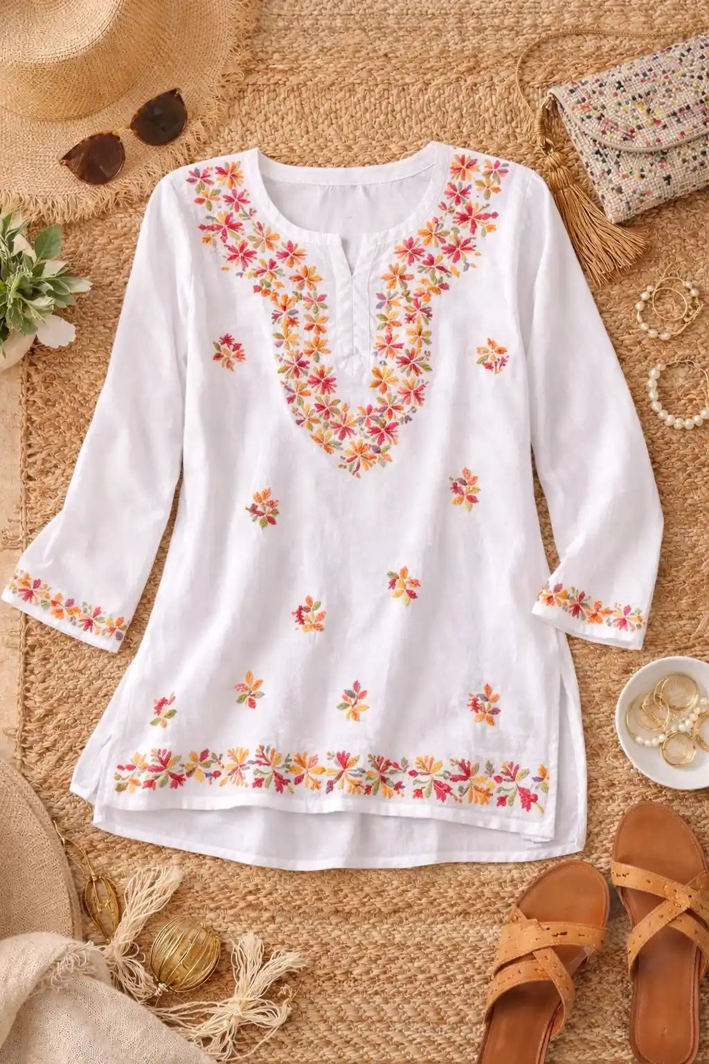 White Floral Chikan Embroidered Kurta