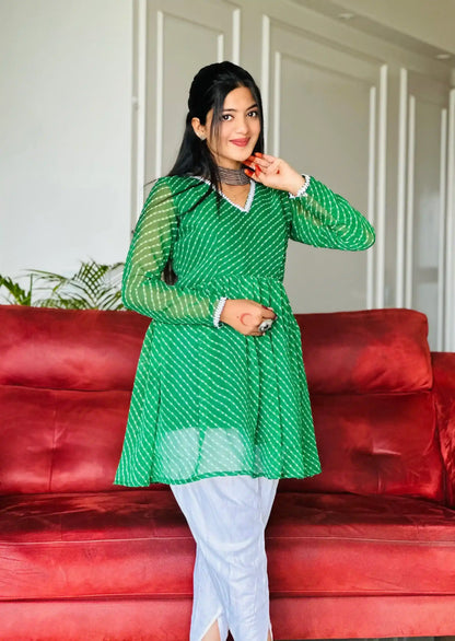 Bandhej Green Peplum Top