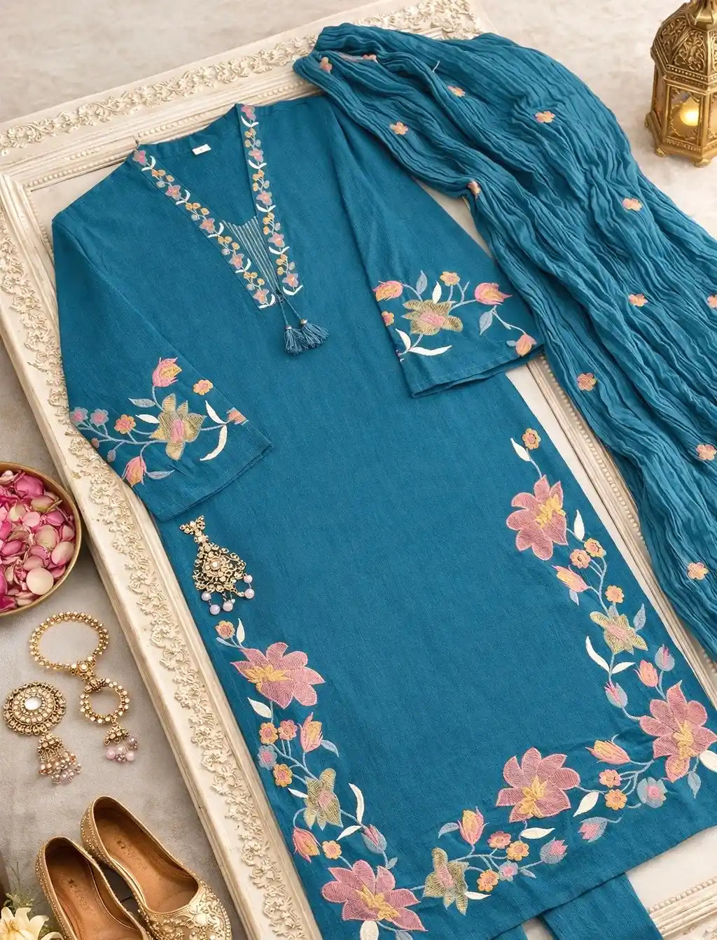 Meher Teal Bloom Embroidered Suit