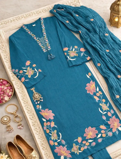 Meher Teal Bloom Embroidered Suit