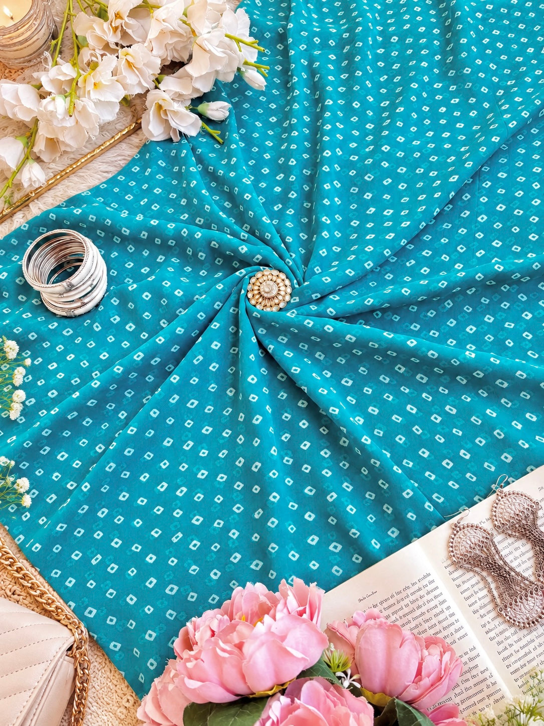 Turquoise Blue Bandhej Gulnaz Fabric Cut
