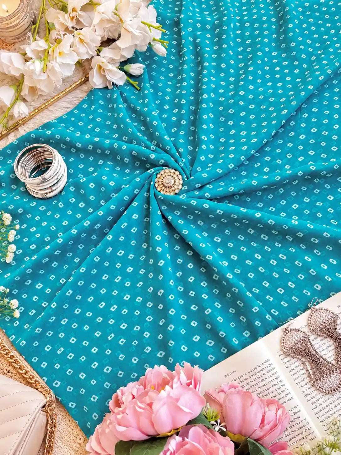 Turquoise Blue Bandhej Gulnaz Fabric Cut