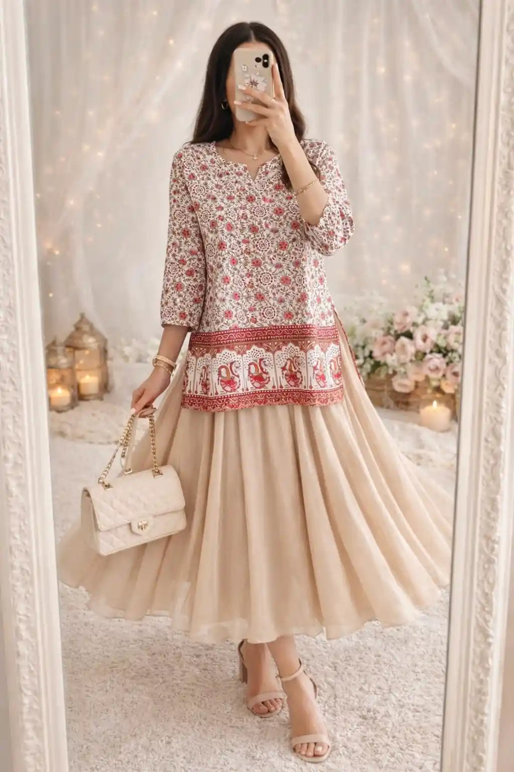 Jaipuri Maroon Peacock Short Kurta