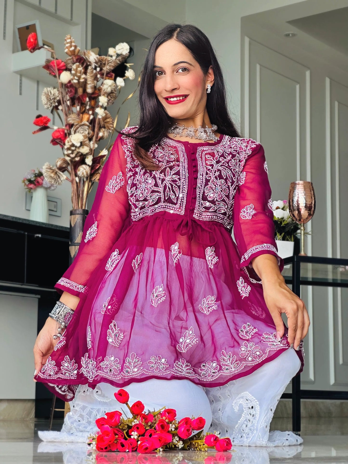 Swati's Plum Wine Noor Mirror Chikankari