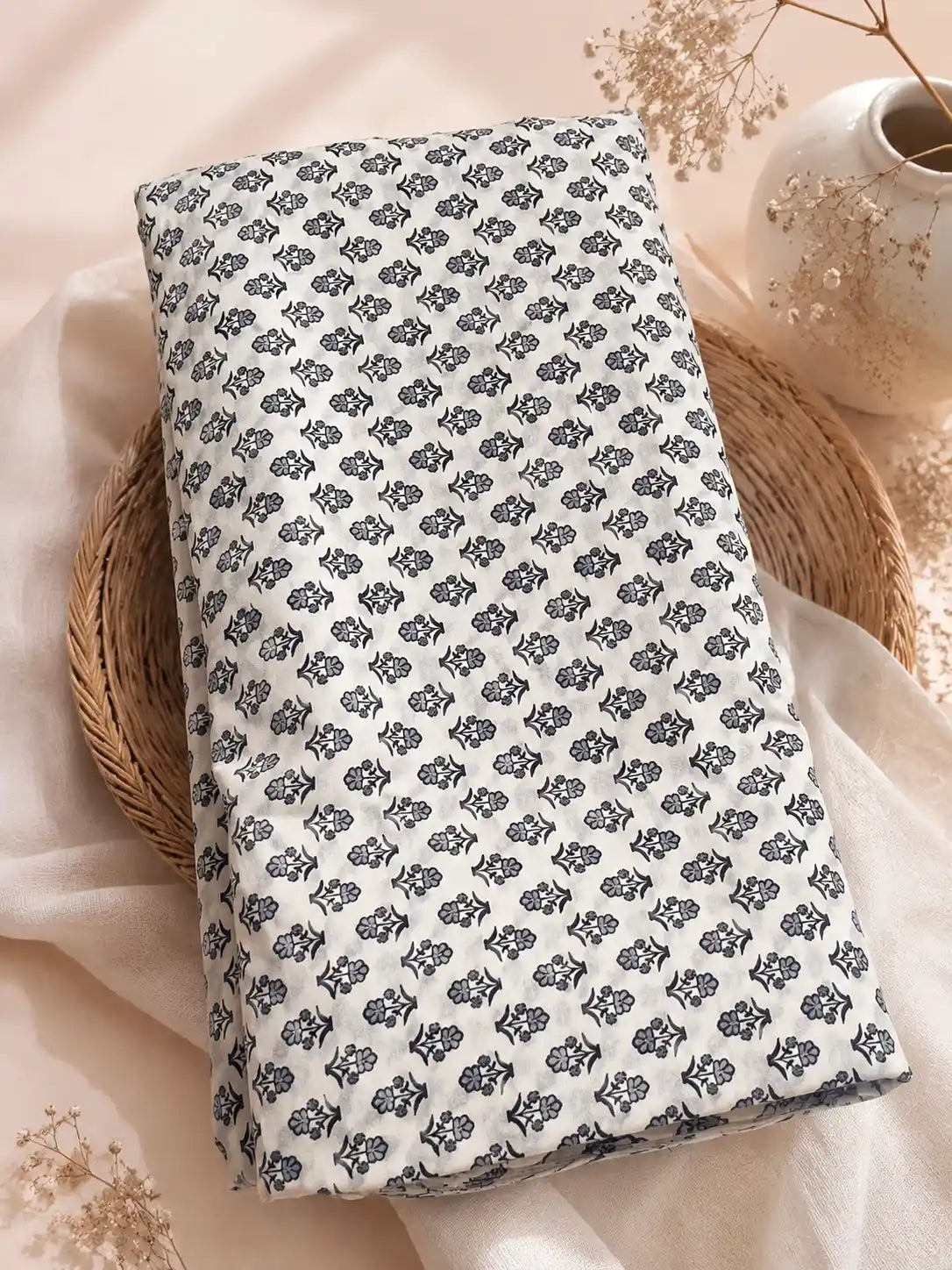 Black Floral Buti Handblock Print Cotton Fabric Cut