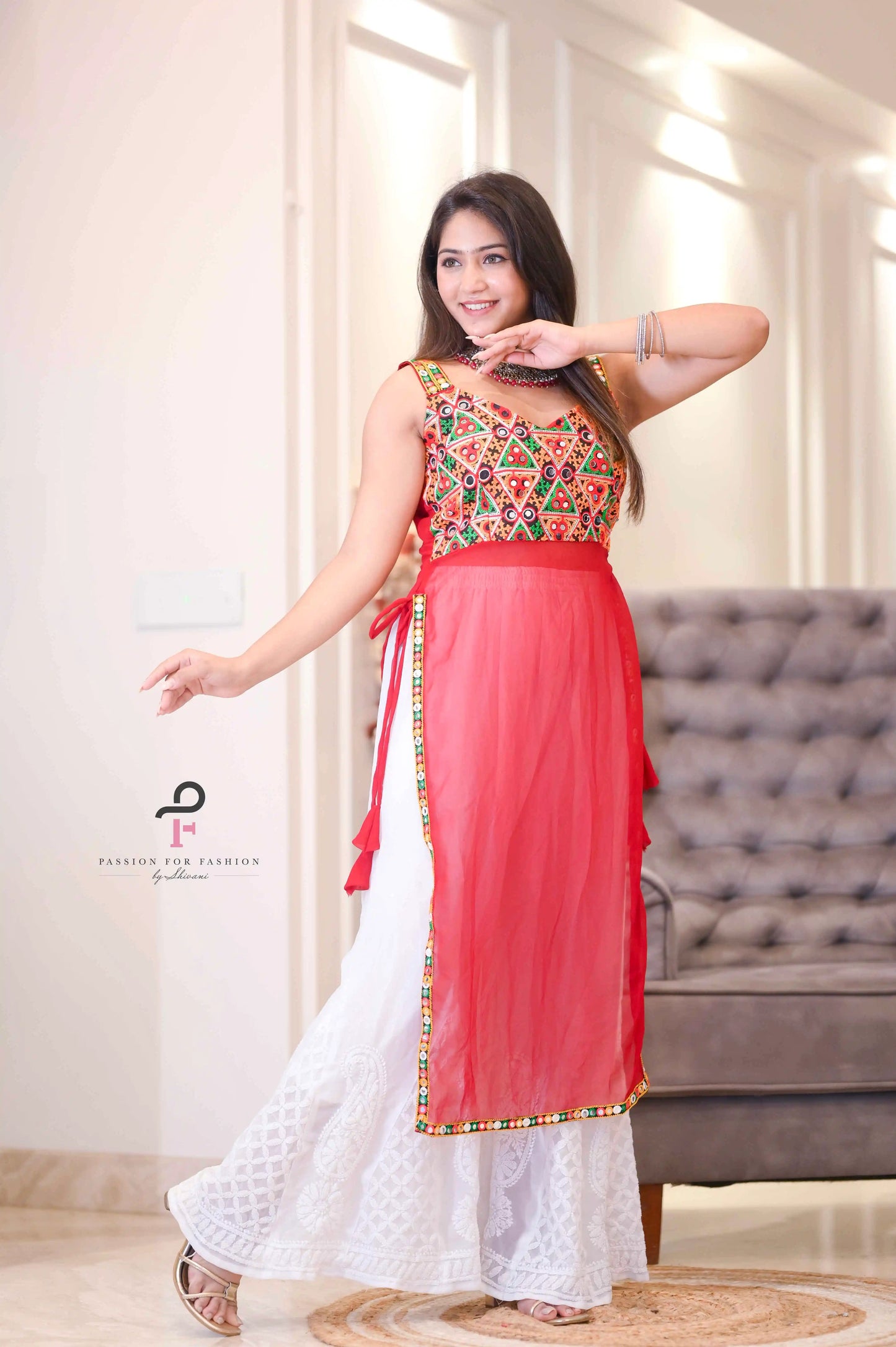 Gamti Red Gulnaz Embroidered Kurta