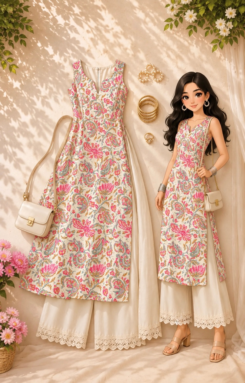 Gulnaz Ivory Paisley Floral Printed Kurta