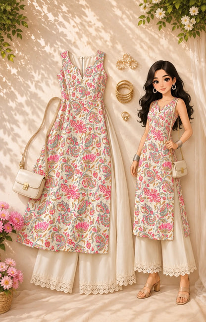 Gulnaz Ivory Paisley Floral Printed Kurta