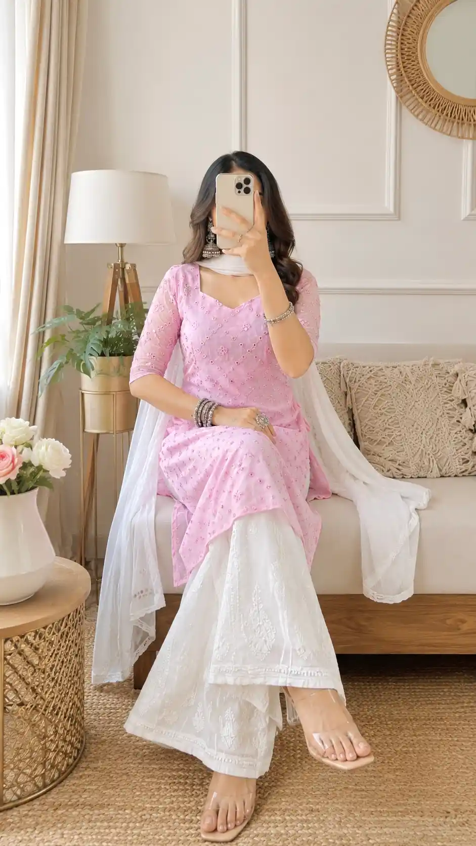 Santoshi’s Pink Mirror Embroidered Gulnaz Kurta