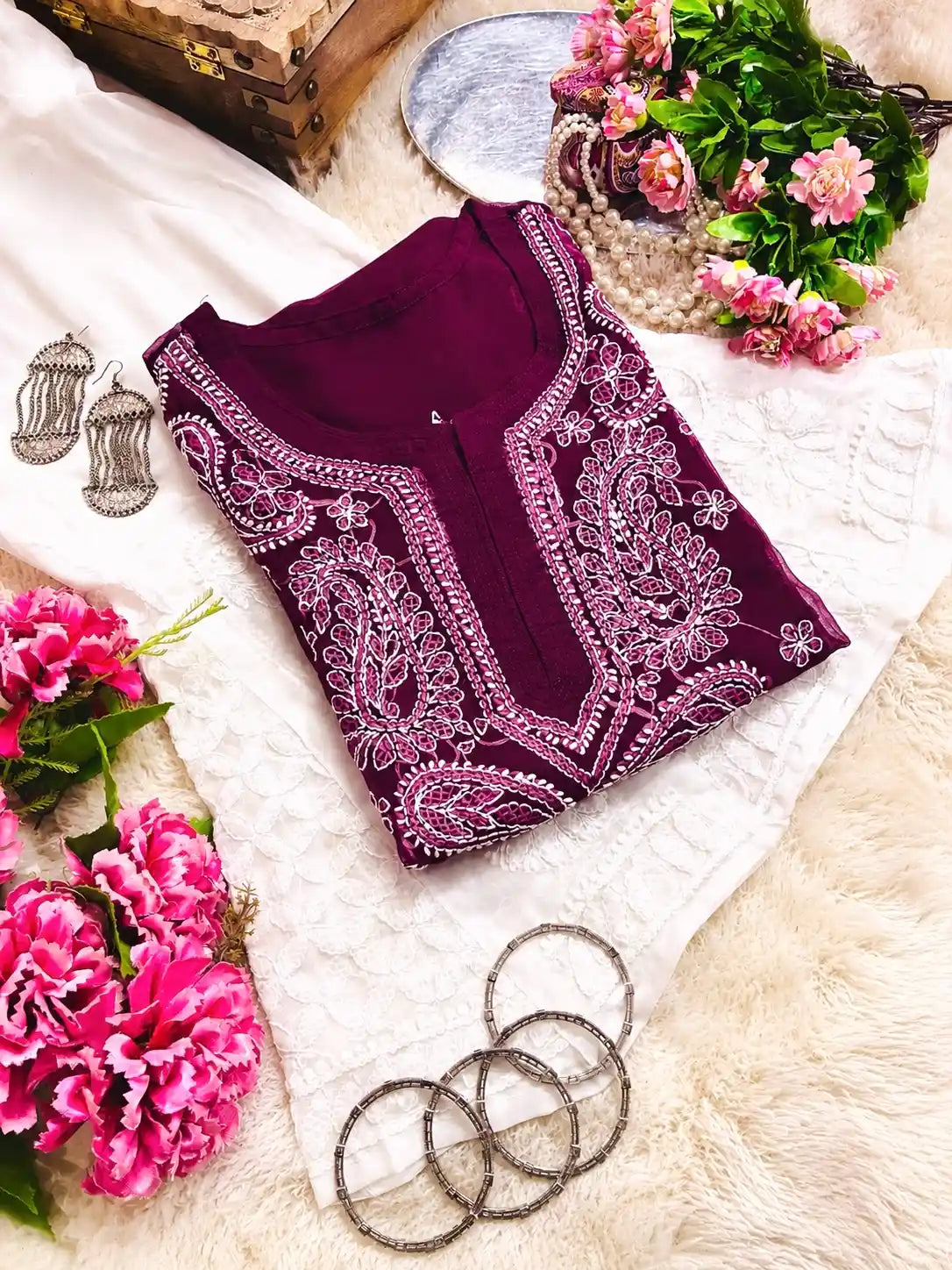 Classic Wine Noor Chikan Kurta