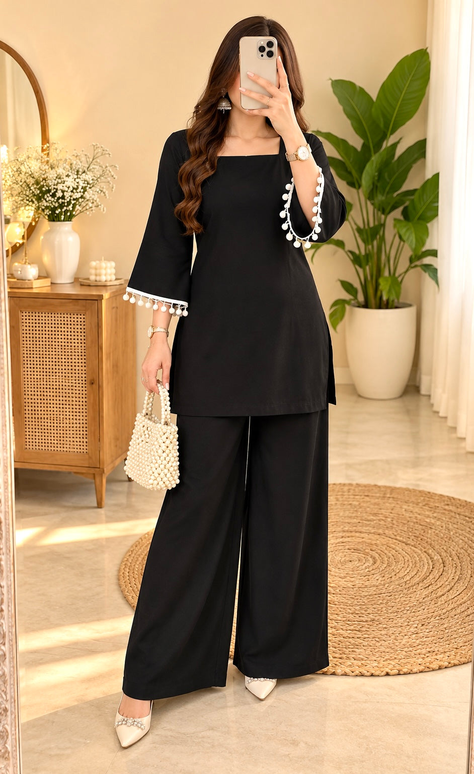 Black Pom Pom Kurta Set