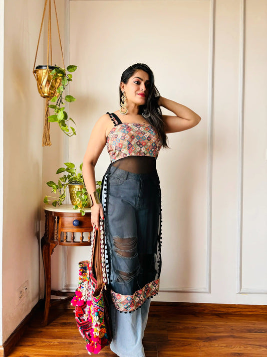 Snehal’s Black Embroidered Denim Kurta