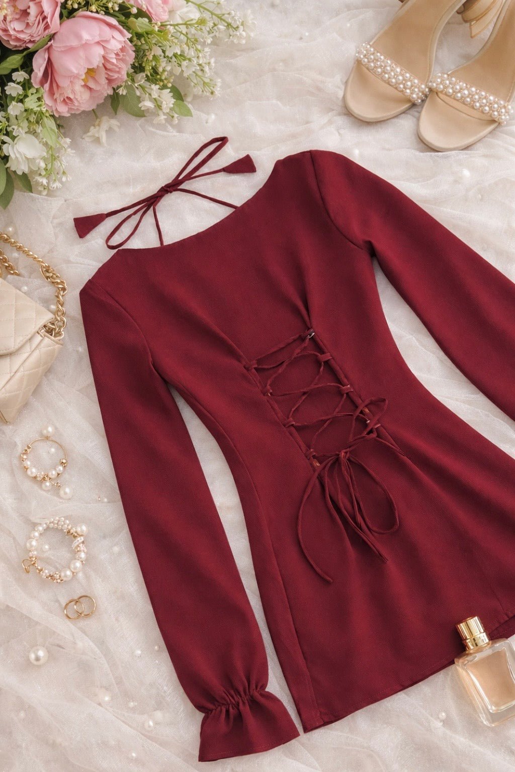 Scarlet Maroon Back Tie Ruffle Set