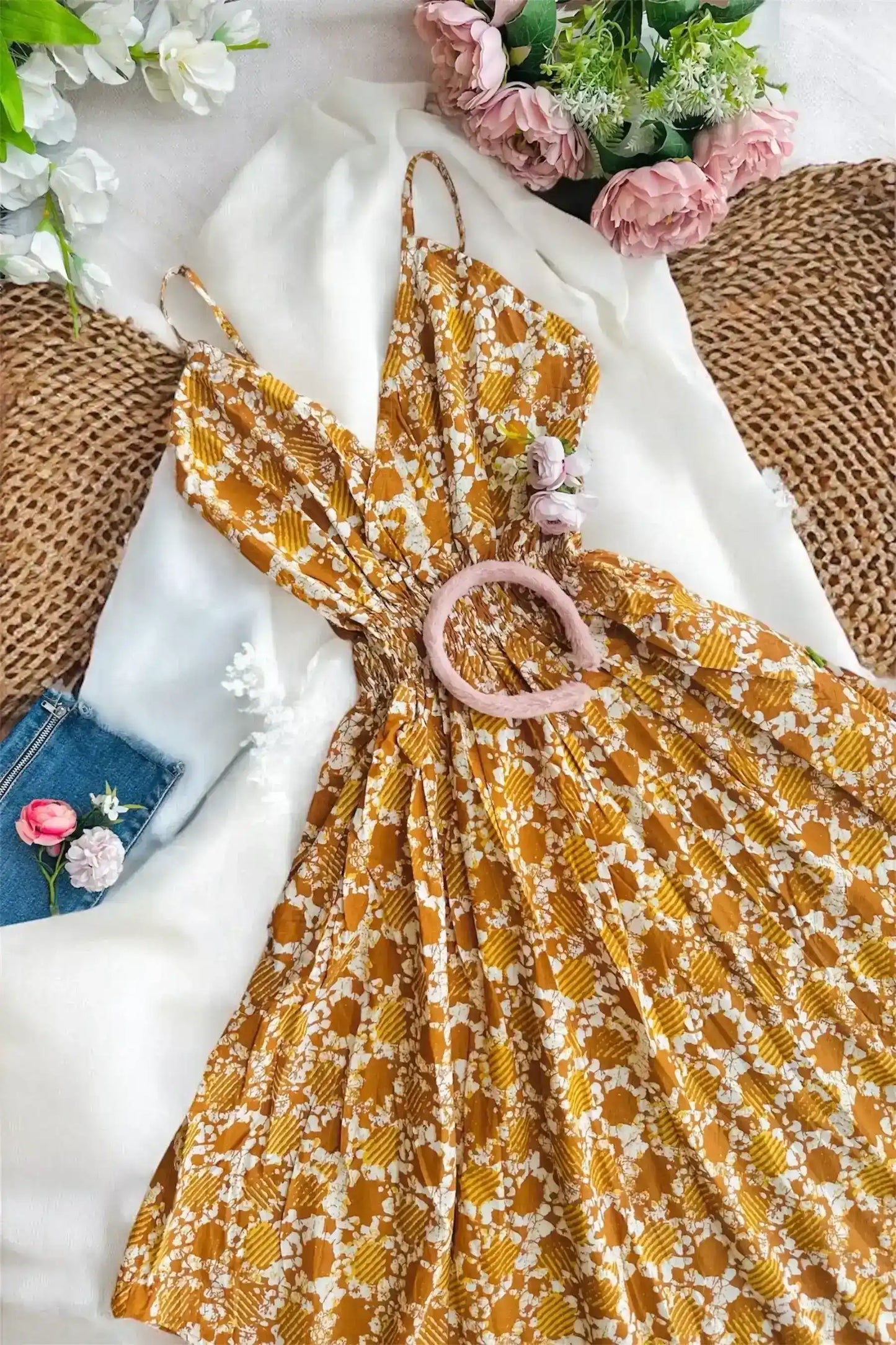 Batique Mustard Smoky Twirl Dress