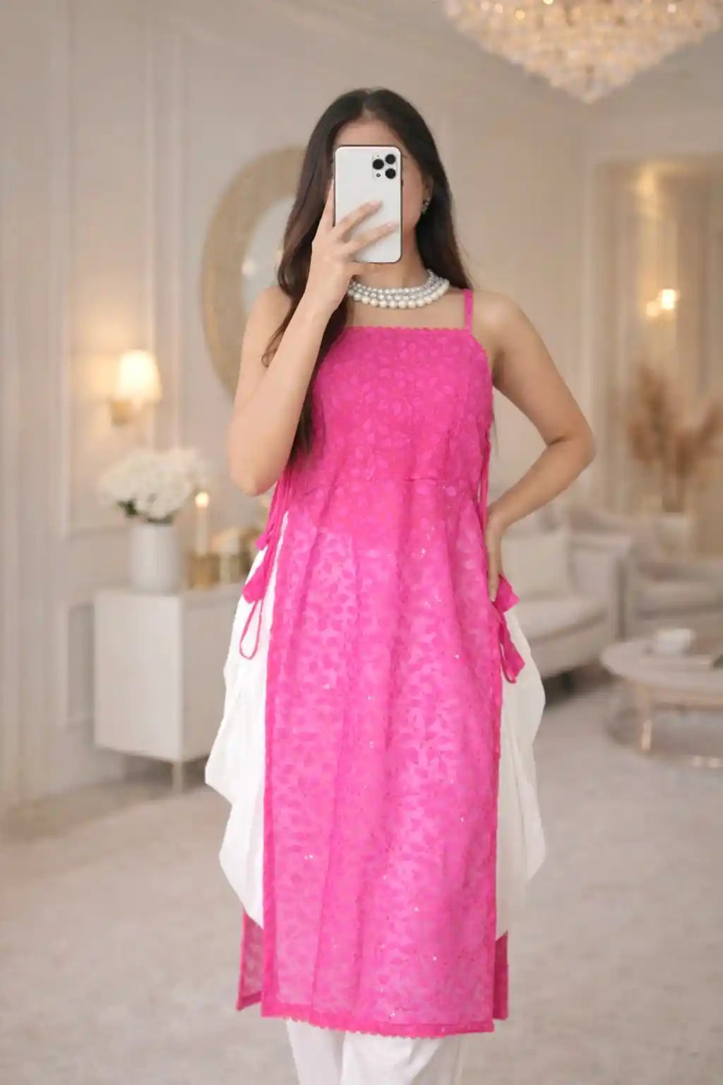Hot Pink Gulnaz Embroidered Kurta
