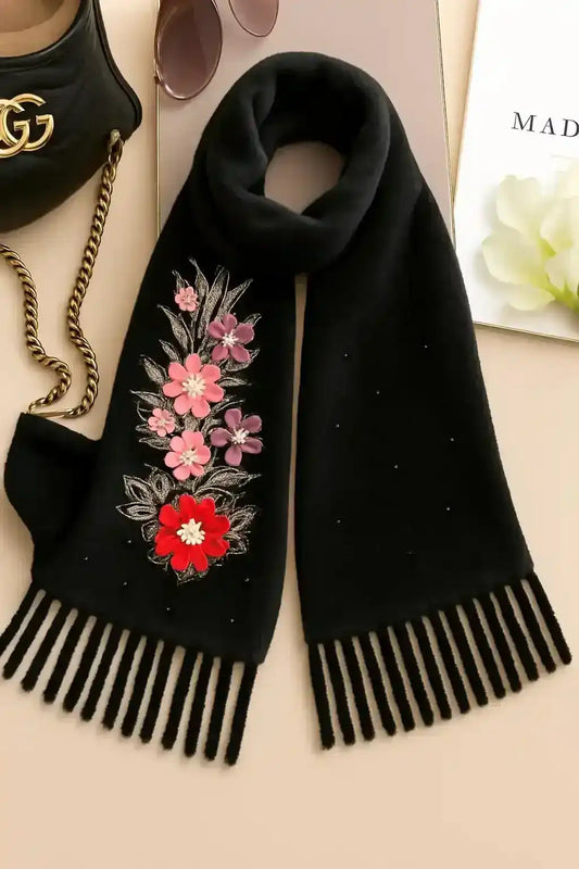 Black Embroidered Wool Winter Stole