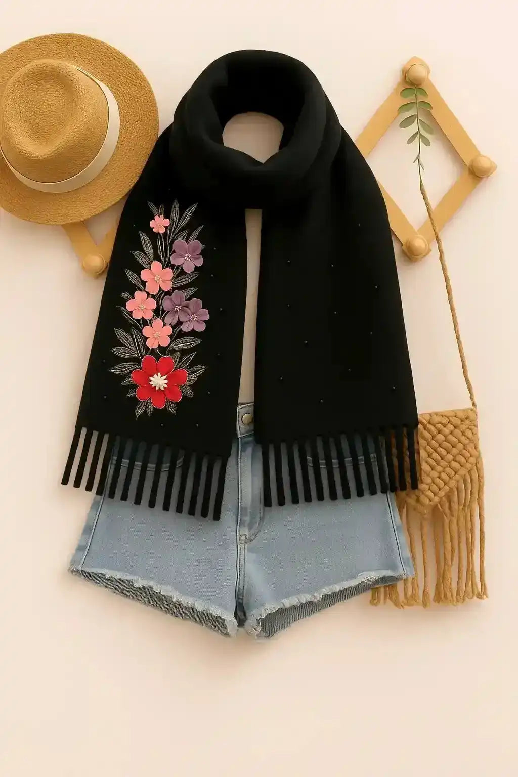 Black Embroidered Wool Winter Stole