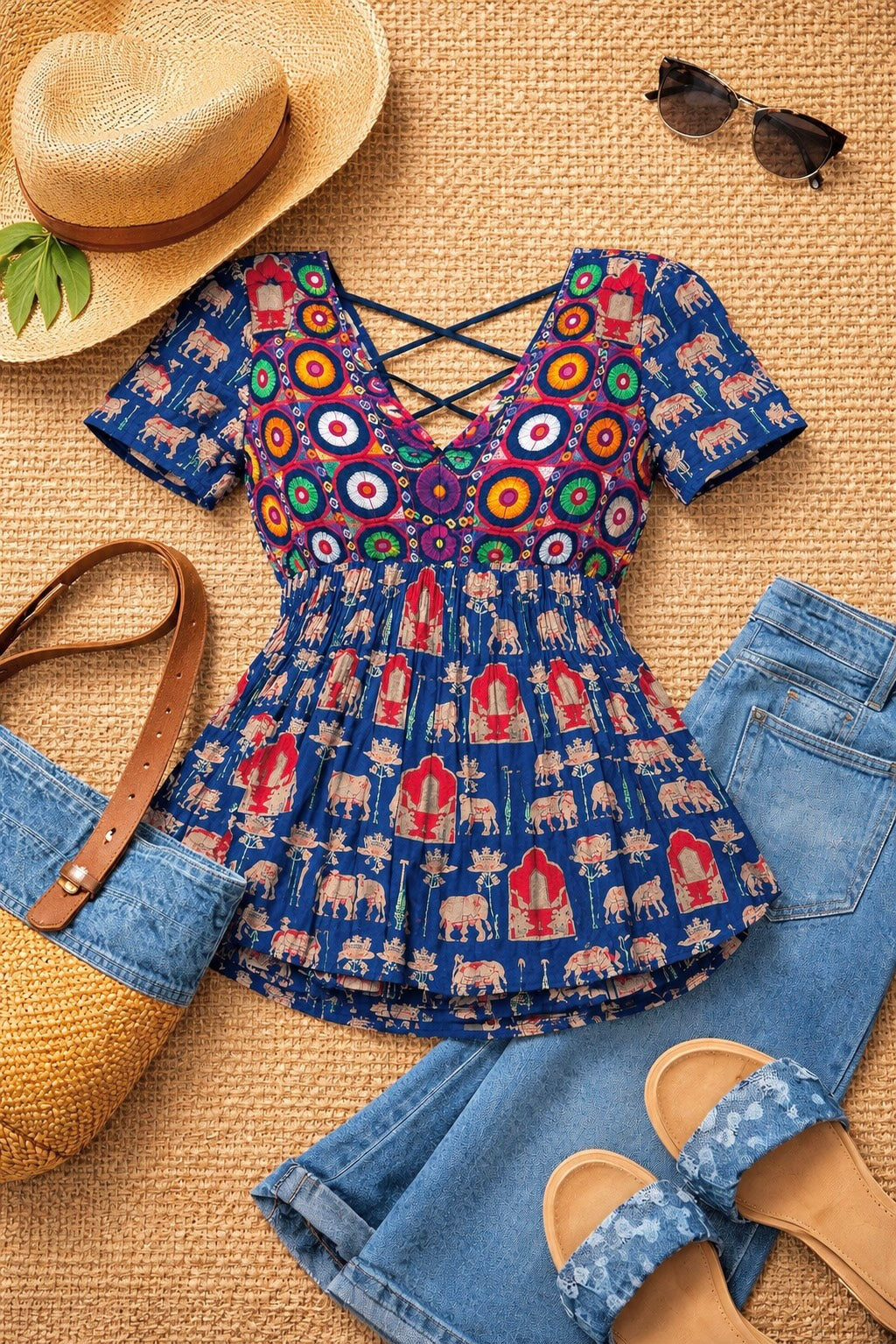 Boho Blue Jaipuri Patch Peplum Top