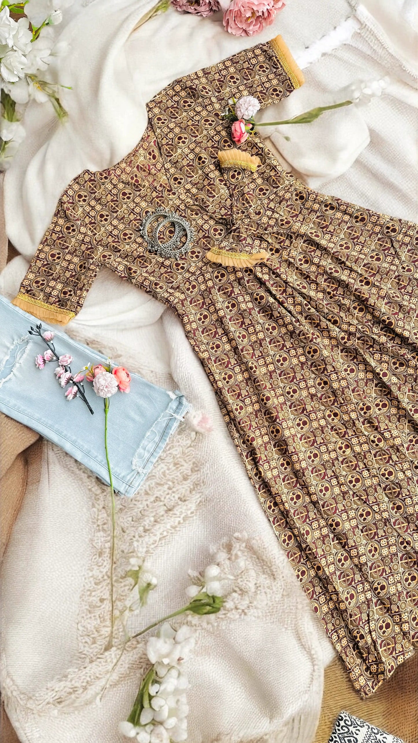 Jaipuri Handprinted Brown Gulnaz Twirl Anarkali