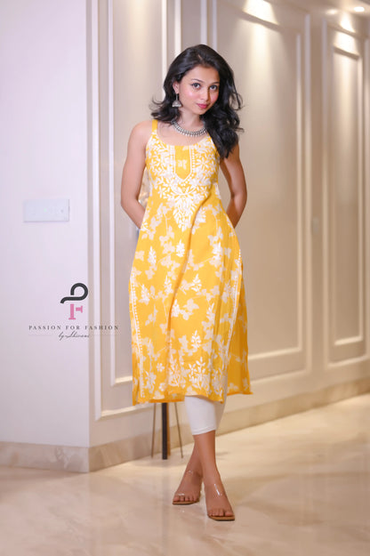 Sunrise Yellow Anokhi Mul Slit Chikan Kurta