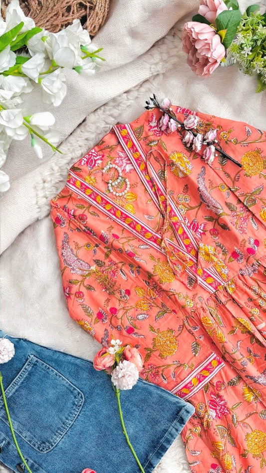 Pretty Peach Kalamkari Short Denim Kurta