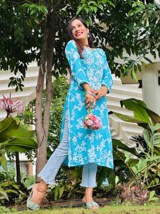 Blush Blue Anokhi Mul Chikan Kurta