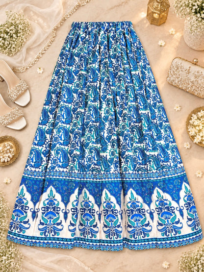 Blue Paisley Jaipuri Flared Cotton Skirt