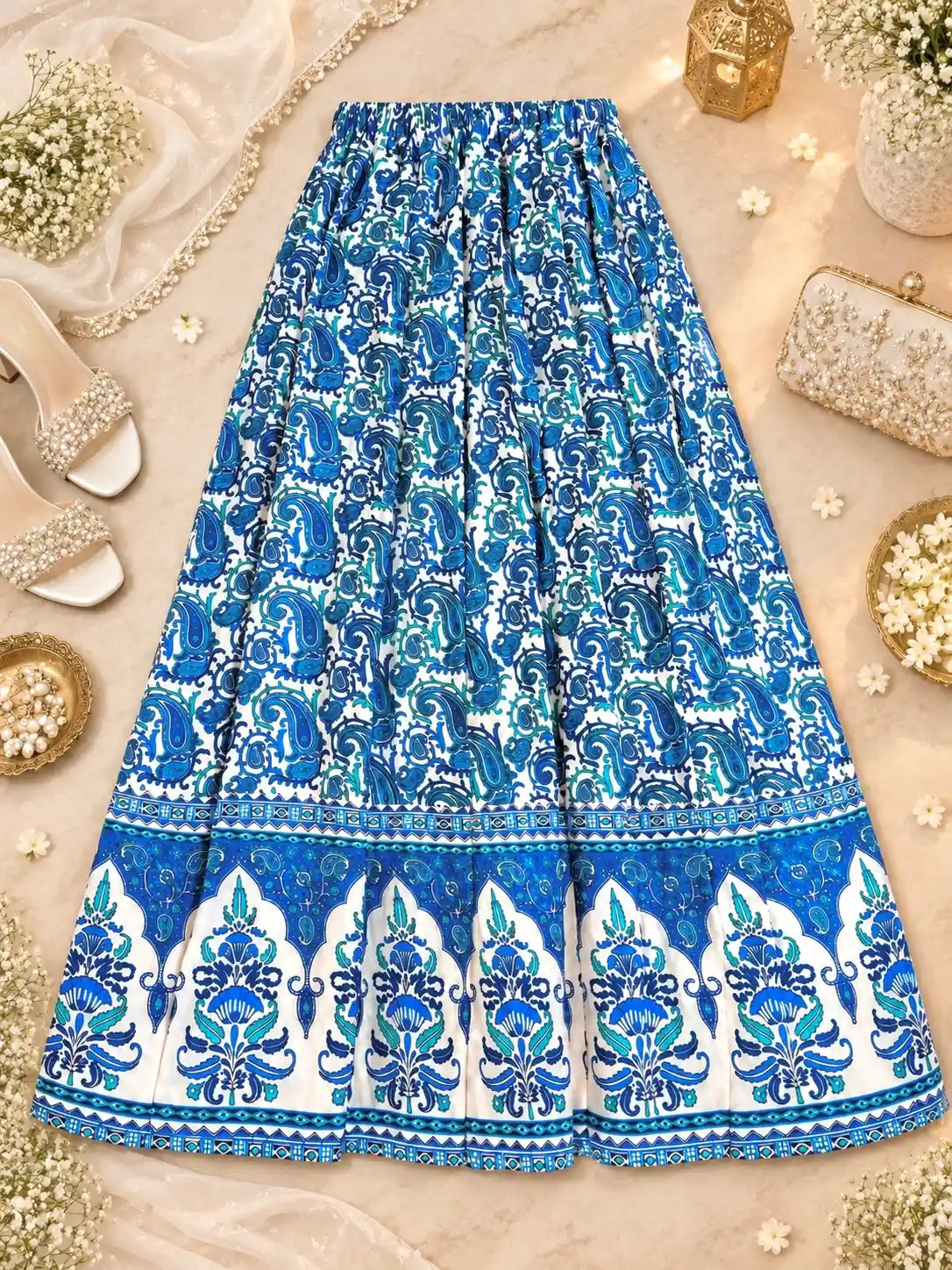 Blue Paisley Jaipuri Flared Cotton Skirt