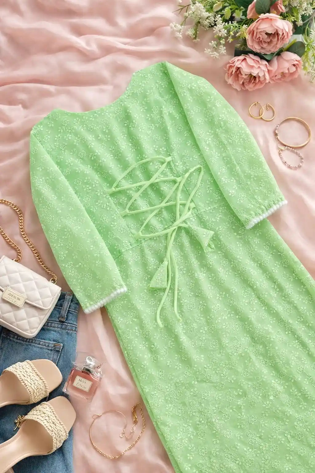 Gulnaz Mint Chikankari Lace-Up Kurta