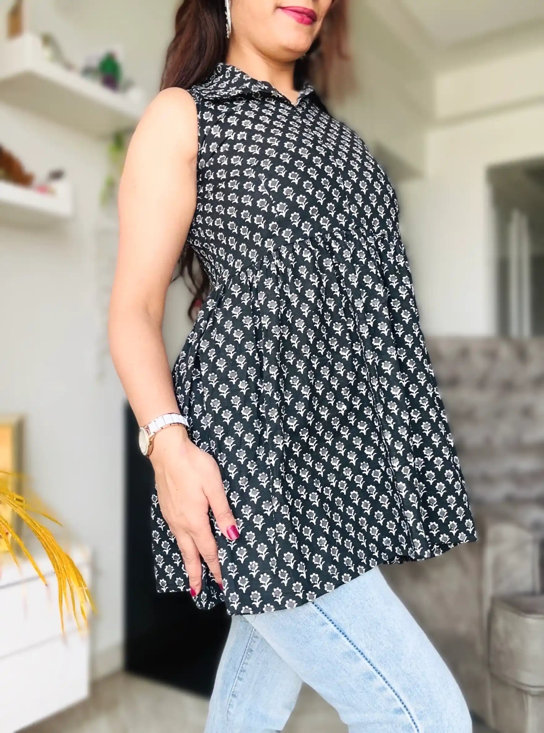 Black Block Print Collared Top