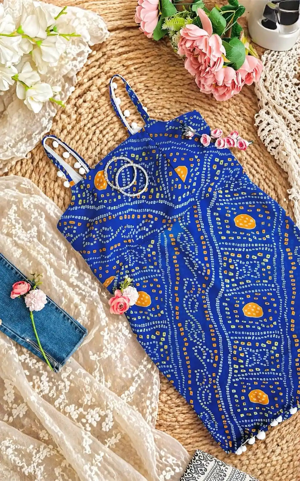 Blue Bandhej Back-Tie Top