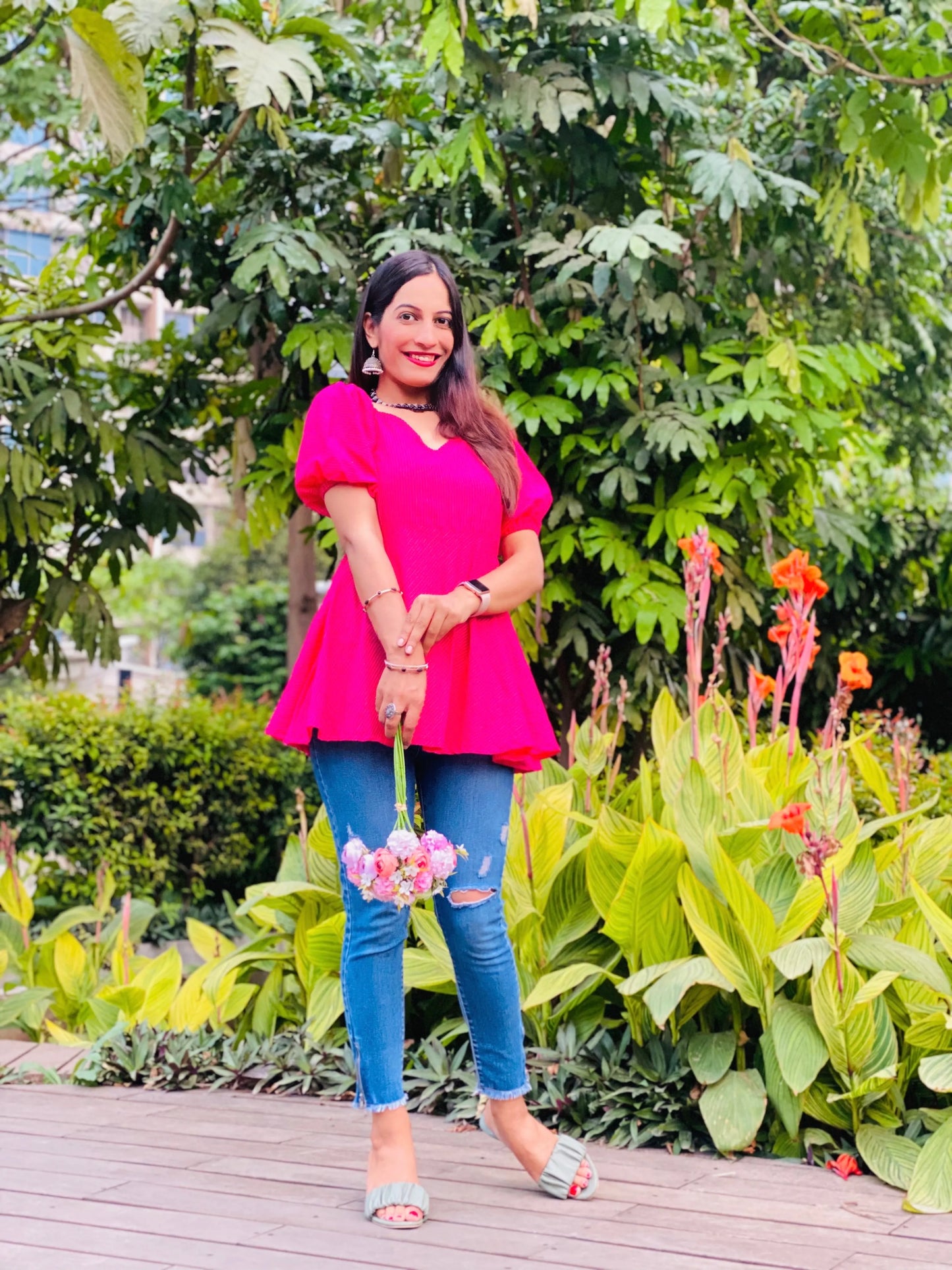 Hot Pink Puff Gulnaz Peplum Top