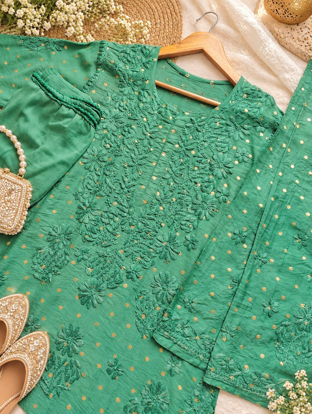 Emerald Green Chikankari Embroidered Suit Set