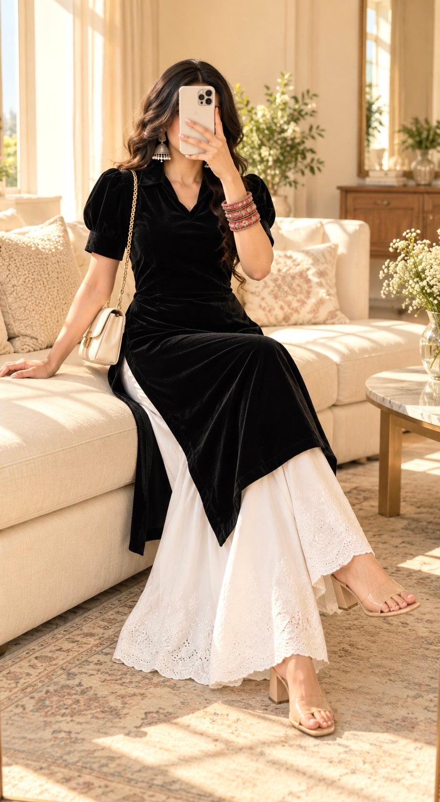 Royal Black Collar Velvet Gulnaz Kurta