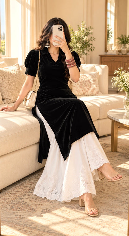Royal Black Collar Velvet Gulnaz Kurta