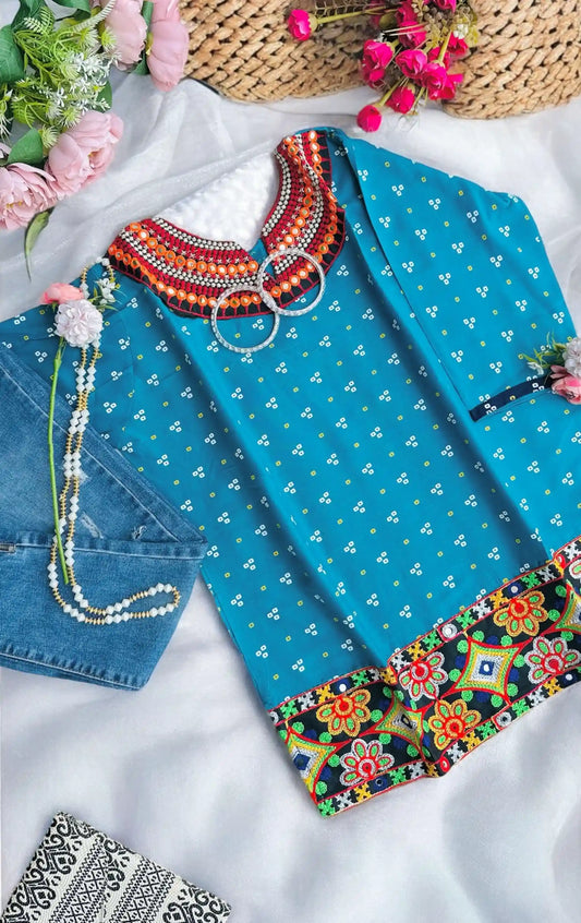 Gold Blue Bandhej Short Kurta