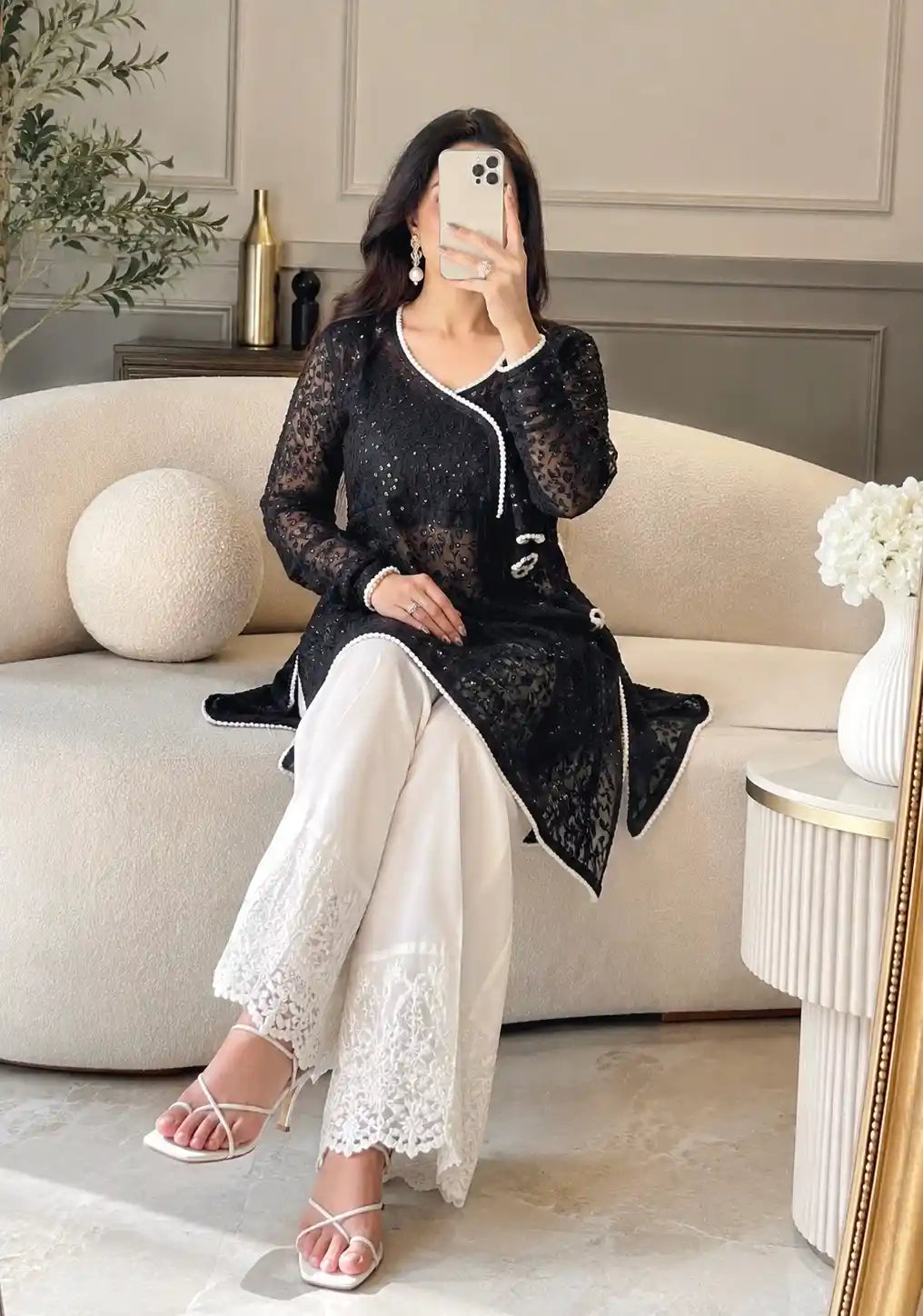 Black Leaf Angrakha Style Kurta