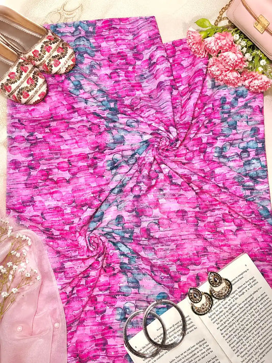 Fuchsia Pink Abstract Embroidered Fabric Cut